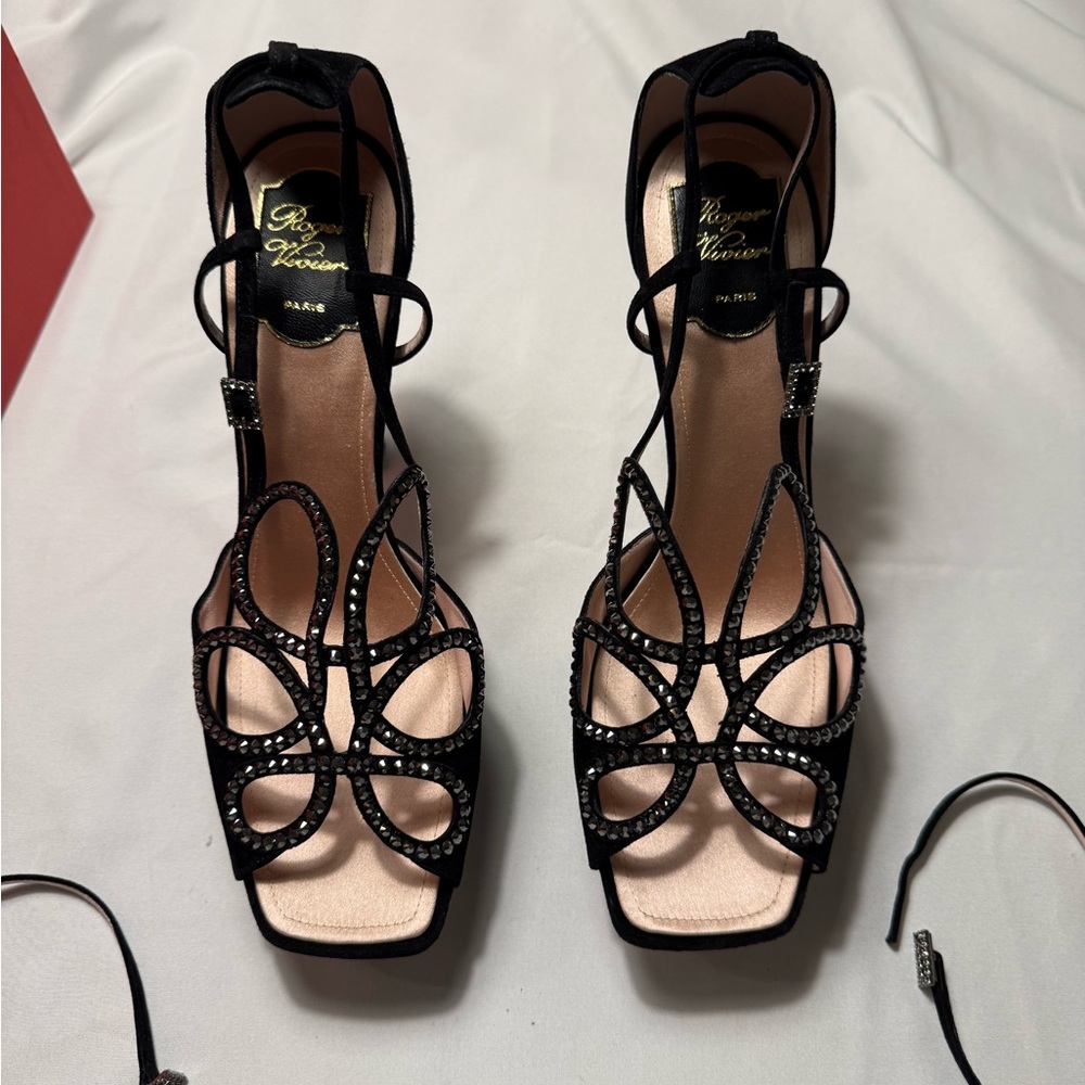 Roger Vivier Black Suede Strappy Heels with embellished crystal heel size 41